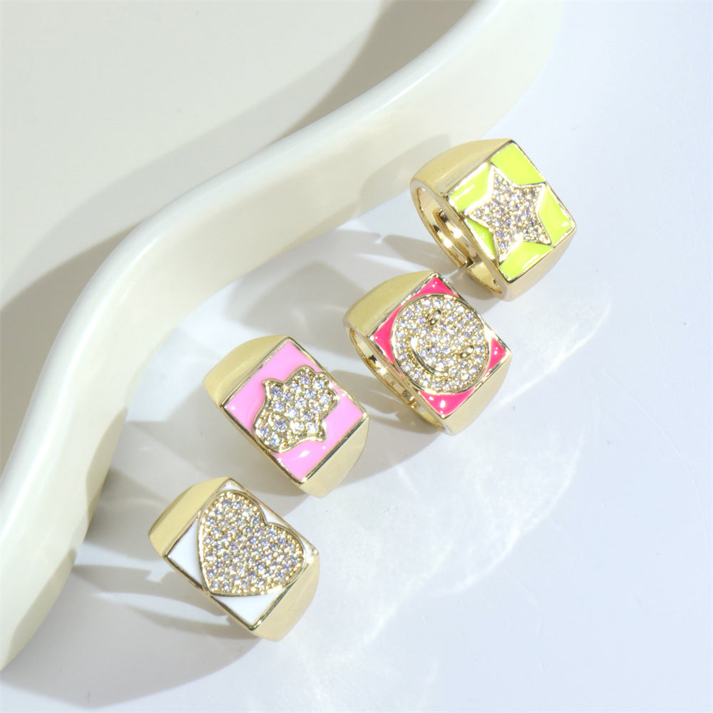 Ethnic Pentagram Heart Smiley Face Zircon Gold Plated Adjustable Open Ring