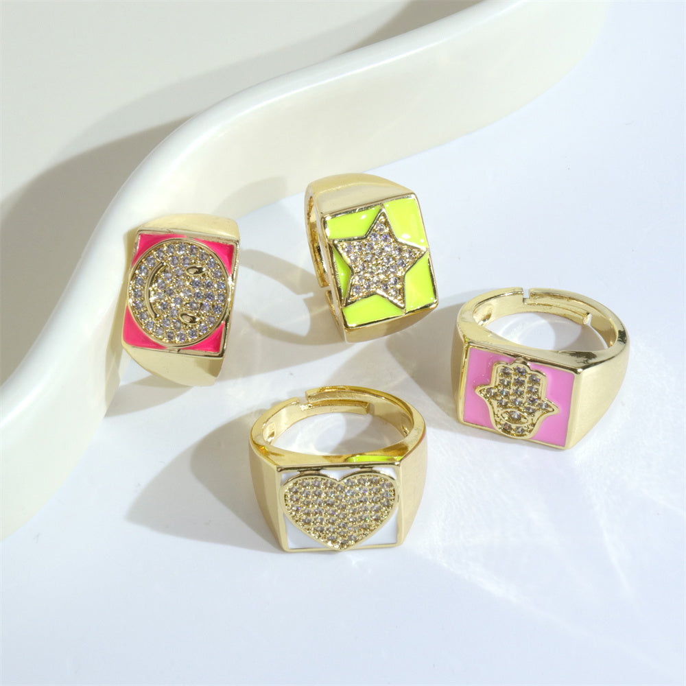Ethnic Pentagram Heart Smiley Face Zircon Gold Plated Adjustable Open Ring