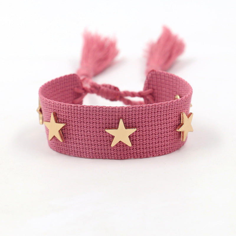 Ethnic Star Polyester Friendship Bracelets with Tassels and Multicolor Woven Bands