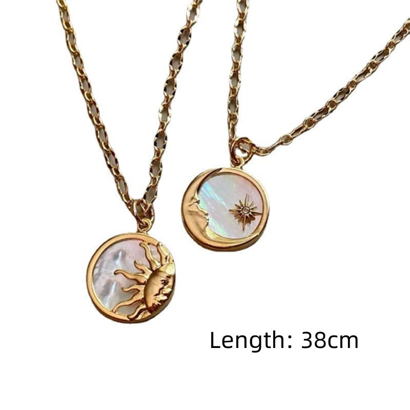 Ethnic Style Sun And Moon Totem Stainless Steel Inlay Natural Fritillary Pendant Necklace