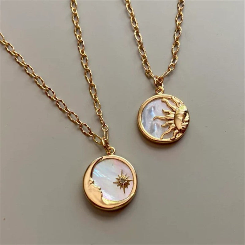 Ethnic Style Sun And Moon Totem Stainless Steel Inlay Natural Fritillary Pendant Necklace
