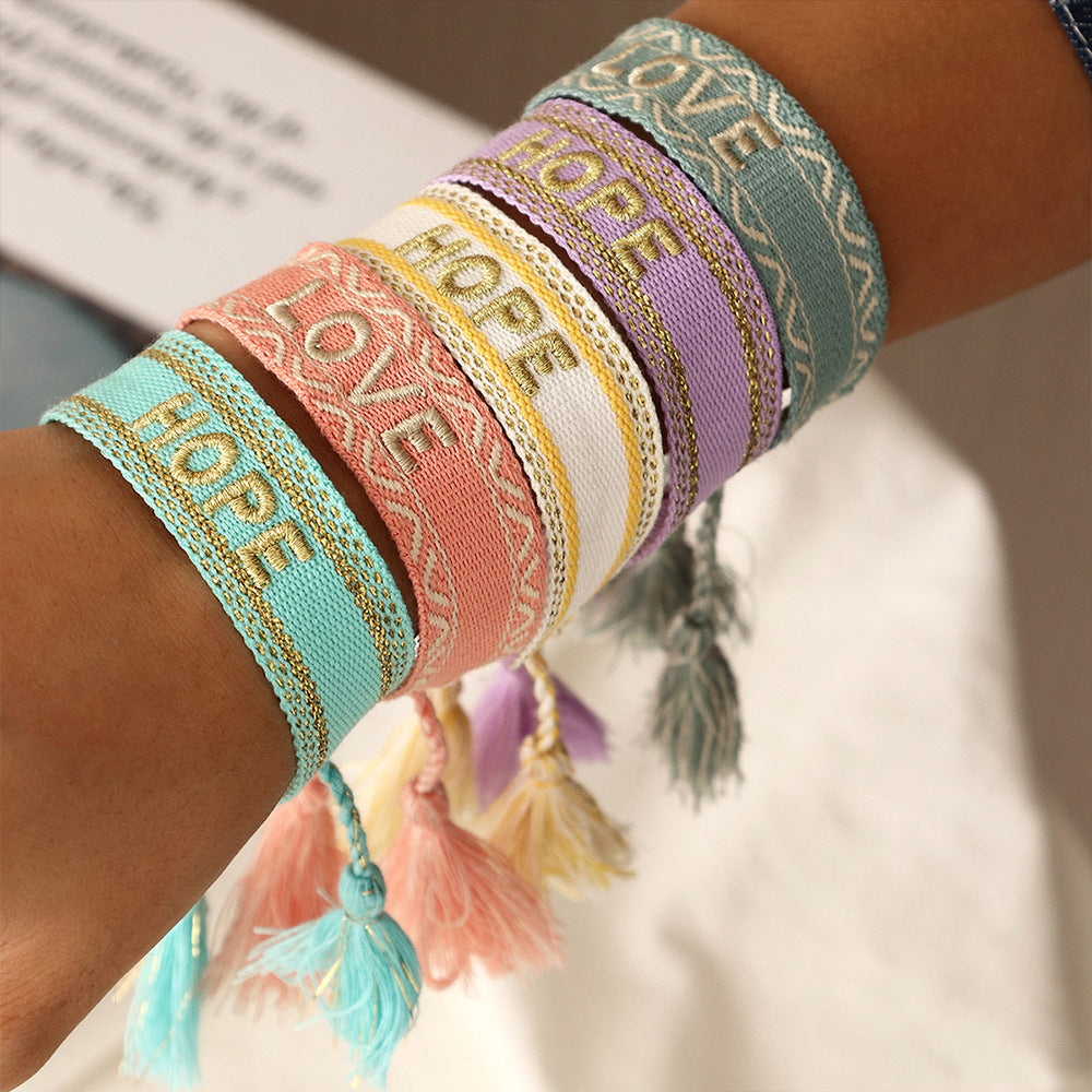 Ethnic Style Handwoven Embroidery LOVE Letter Tassel Bracelet