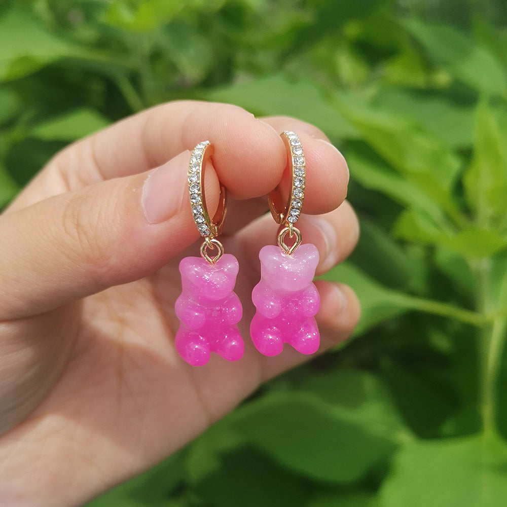 Resin Mini Color Gradient Bear Pendant Earrings