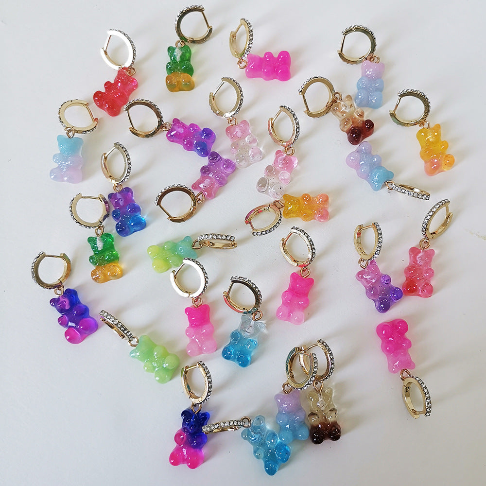 Resin Mini Color Gradient Bear Pendant Earrings