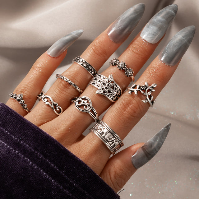 Bohemian Retro Star and Rose Flower Snake Ring Set - 12 Piece Geometric Knuckle Rings for Women