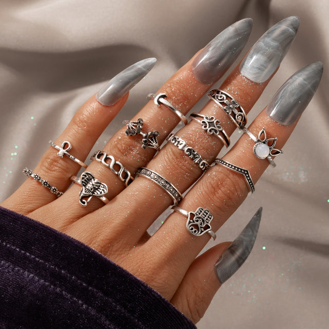 Bohemian Retro Star and Rose Flower Snake Ring Set - 12 Piece Geometric Knuckle Rings for Women