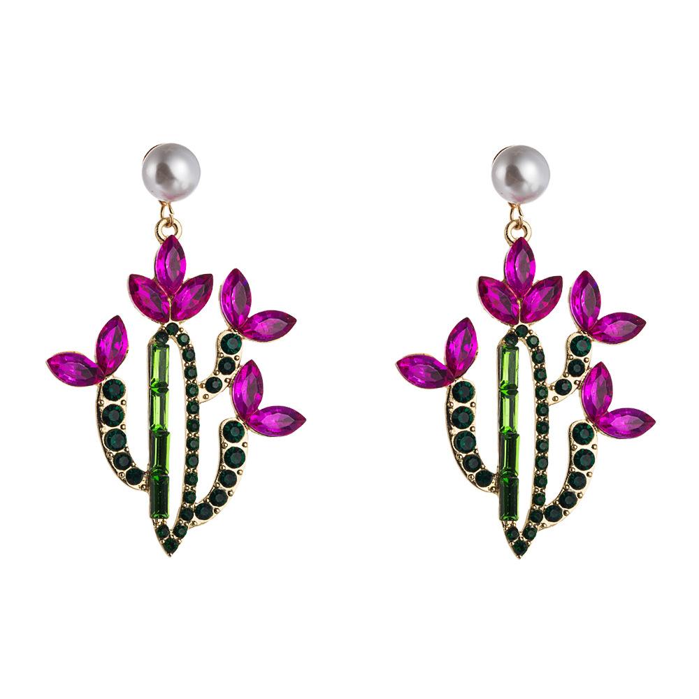 European And American Cross-border Hot-selling Ladies Earrings Personality Creative Cactus Alloy Inlaid With Color Rhinestones Retro Temperament Earrings