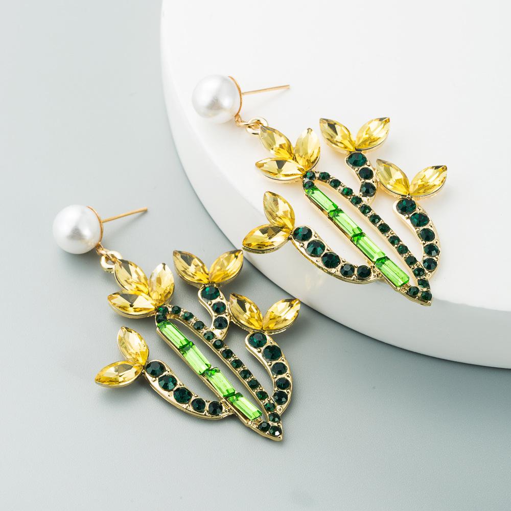 European And American Cross-border Hot-selling Ladies Earrings Personality Creative Cactus Alloy Inlaid With Color Rhinestones Retro Temperament Earrings