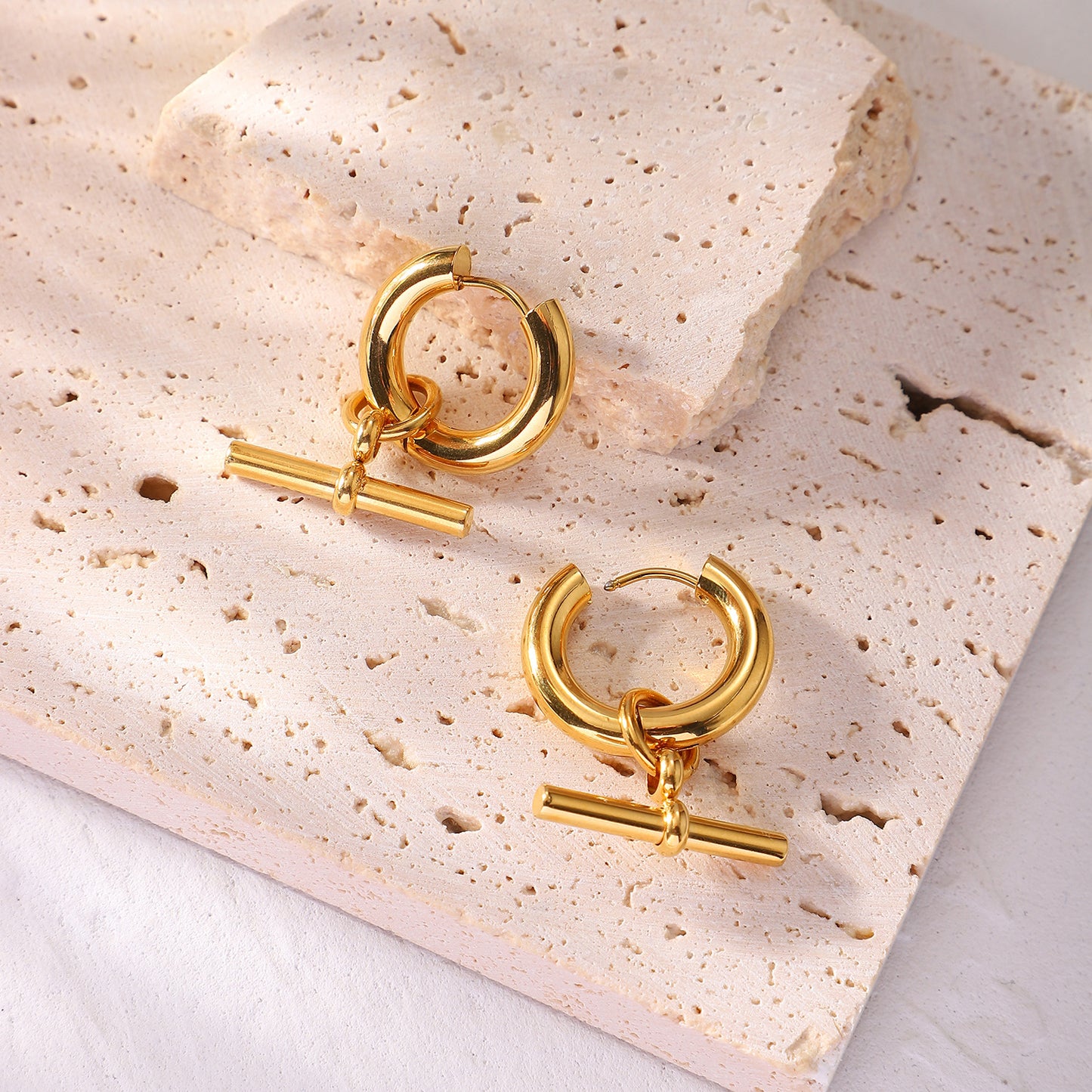 18K Gold-plated Geometric T Bar Pendant Earrings Stainless Steel