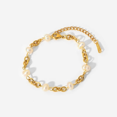 18K Gold Plated Stainless Steel Freshwater Pearl Chain Women's Bracelet