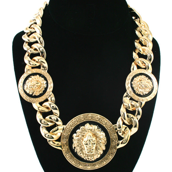 European American Fashion Gold Lion Head Necklace and 18k Titanium Steel Cuban Bracelet Set