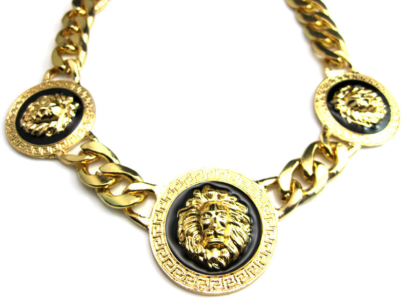 European American Fashion Gold Lion Head Necklace and 18k Titanium Steel Cuban Bracelet Set