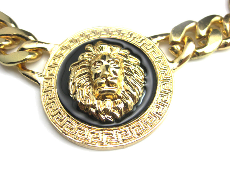 European American Fashion Gold Lion Head Necklace and 18k Titanium Steel Cuban Bracelet Set