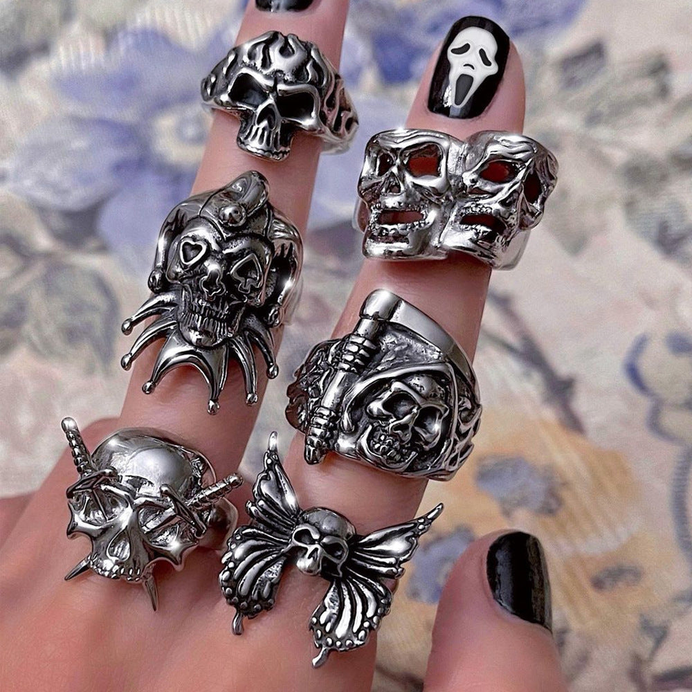 European American Gothic Rabbit Butterfly Skull Open Ring