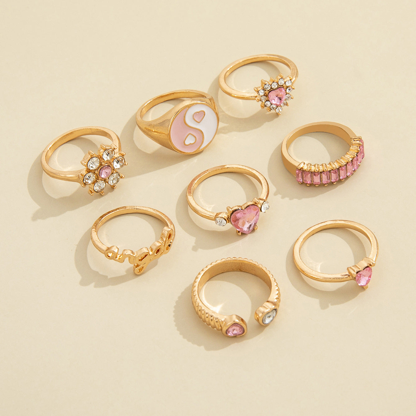 European And American New Fashion Tai Chi Gossip Pink Full Diamond Flower Letter Ring Eight-piece Set