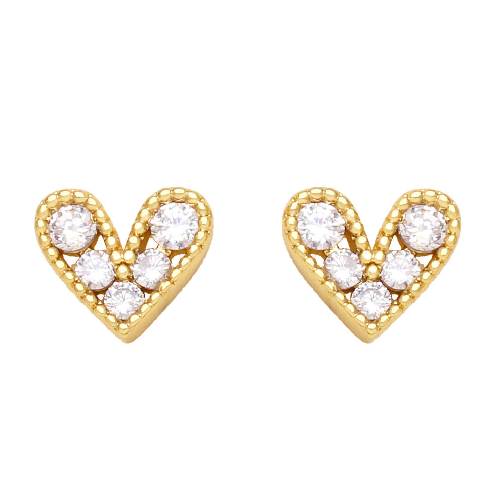 European American Mini Zircon Heart Copper Earrings - Chic Design Studs for Women