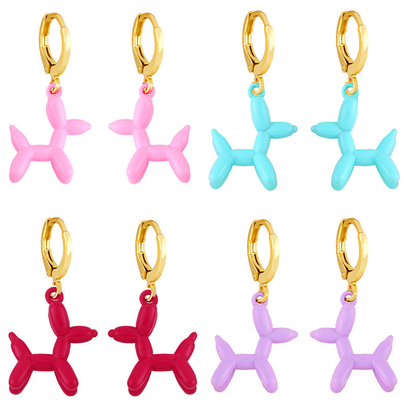 Retro Geometric Colorful Earrings with Pink Balloon Dog Design