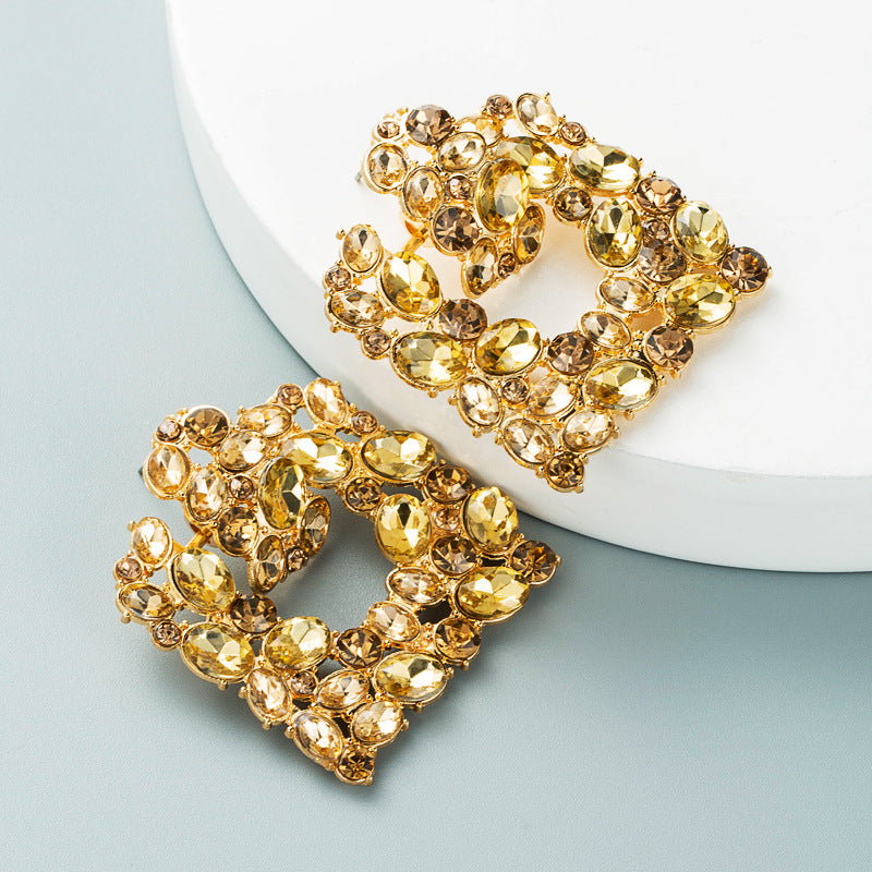 Exaggerated Geometric Square Color Diamond Earrings Fashion Alloy Hollow Inlaid Rhinestone Earrings