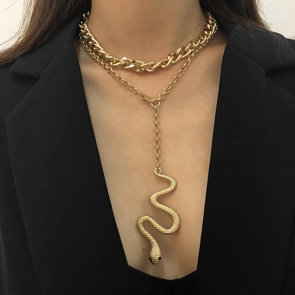 Exaggerated Vintage Snake Pendant Hip-hop Necklace with Double Layer Chain