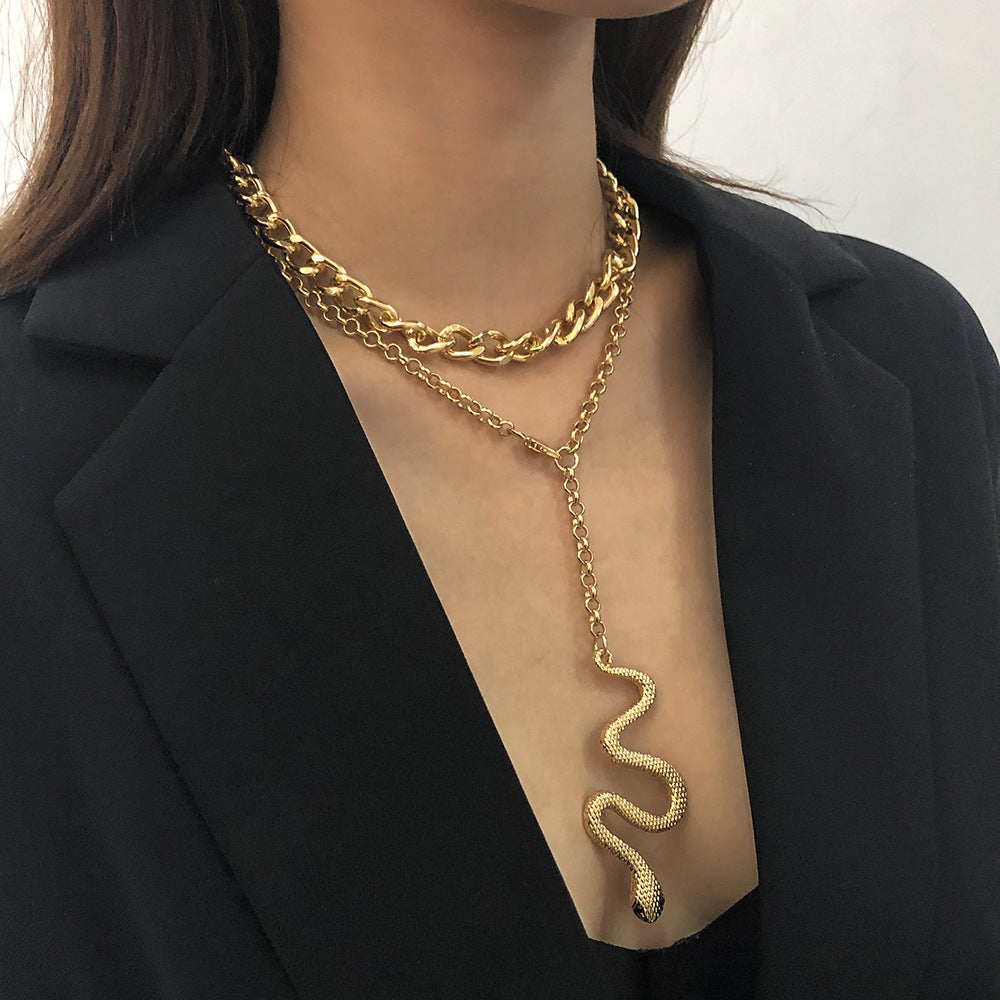 Exaggerated Vintage Snake Pendant Hip-hop Necklace with Double Layer Chain