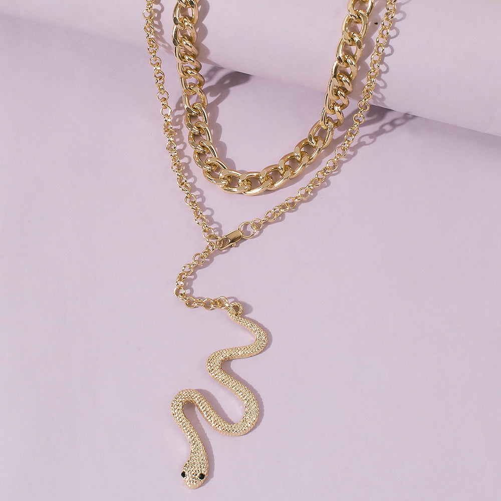 Exaggerated Vintage Snake Pendant Hip-hop Necklace with Double Layer Chain