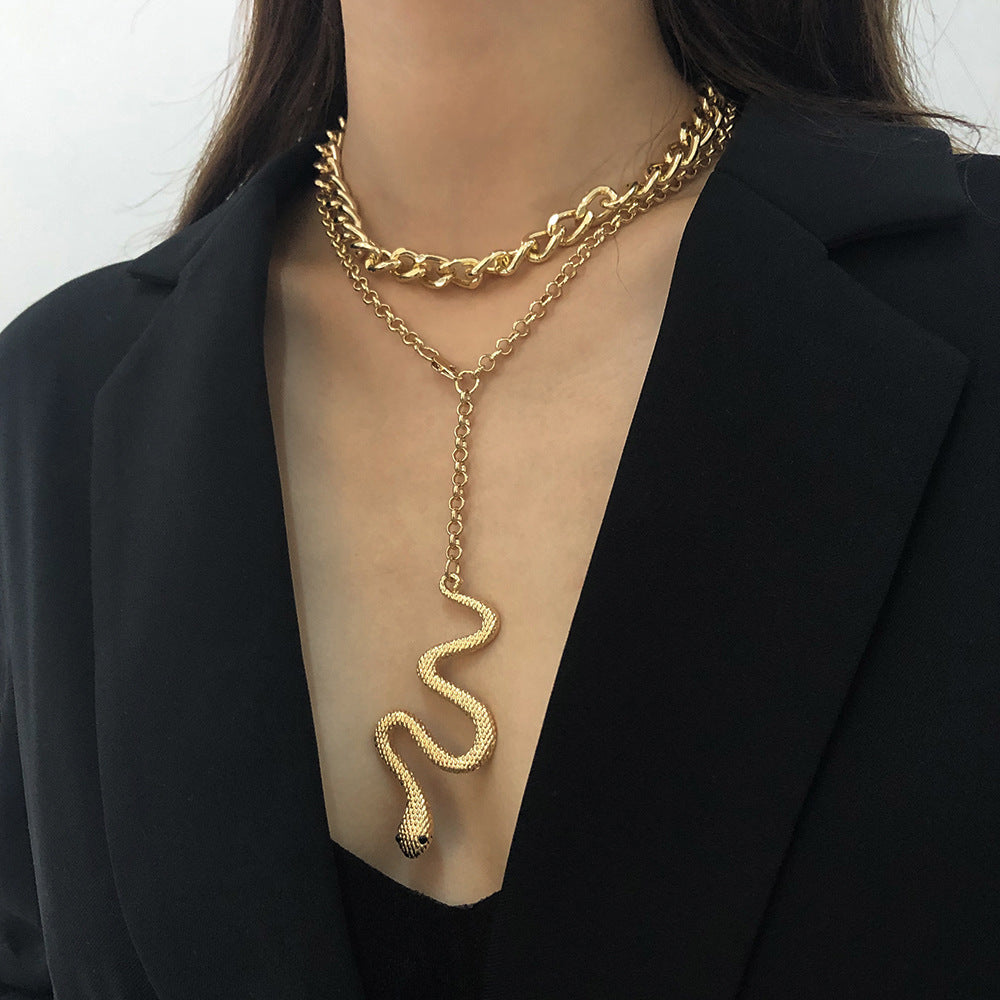 Exaggerated Vintage Snake Pendant Hip-hop Necklace with Double Layer Chain