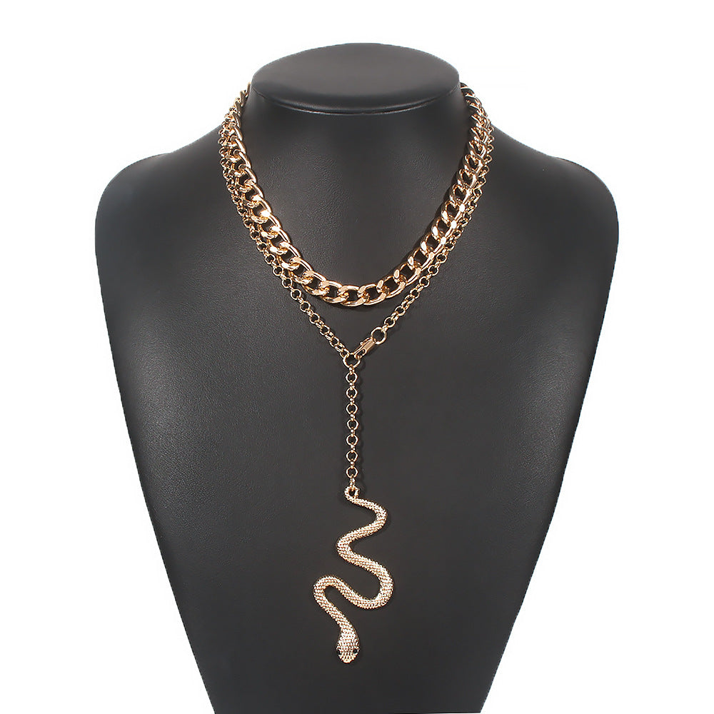 Exaggerated Vintage Snake Pendant Hip-hop Necklace with Double Layer Chain