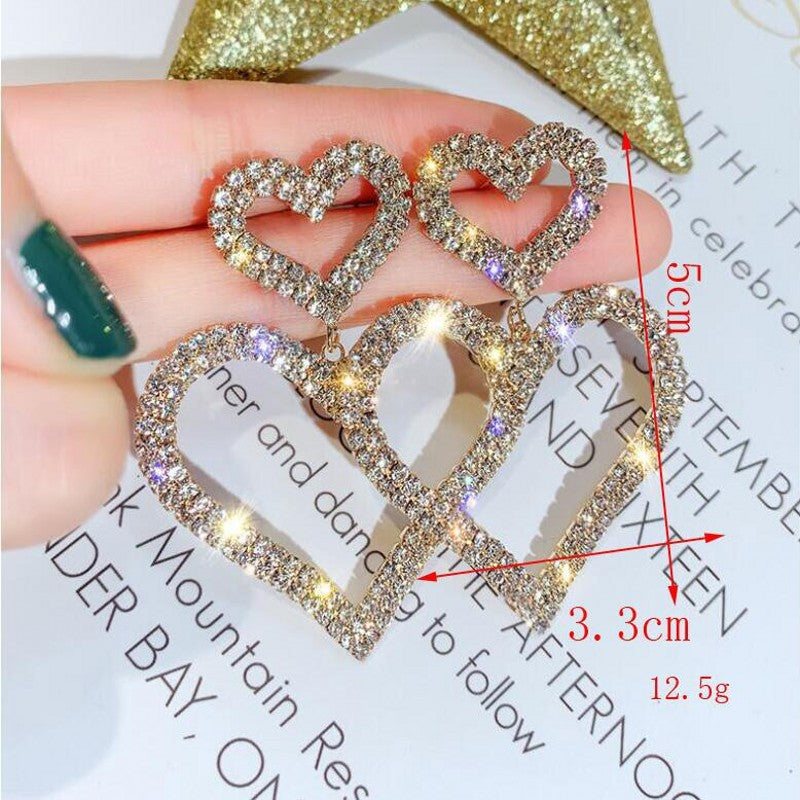 Exaggerated Super Flash Double Love Flash Diamond Personality Earrings Earrings