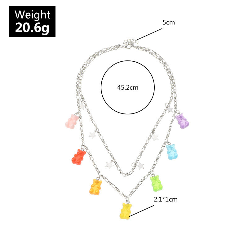Fashion Transparent Jelly Multicolor Bear Alloy Necklace for Women