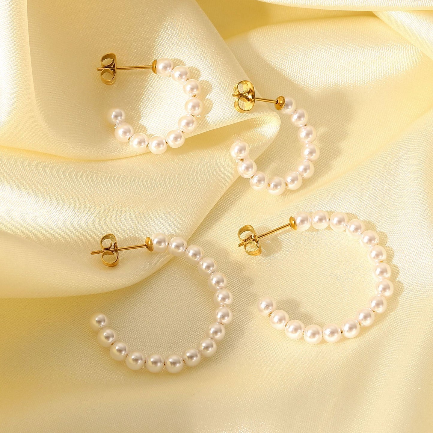 18K Gold Stainless Steel C-Shaped Pearl Hoop Earrings for Women