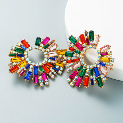 Fashion Alloy Inlaid Color Rhinestone Sunflower Earrings