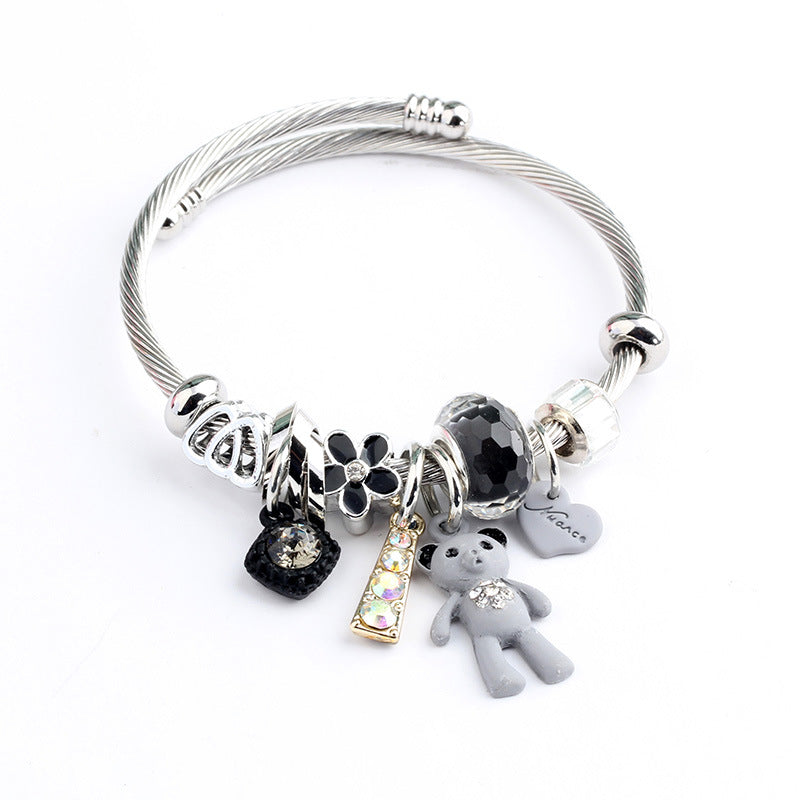 Fashion Bear Heart Flower Titanium Steel Adjustable Bangle Bracelet with Rhinestones and Charms