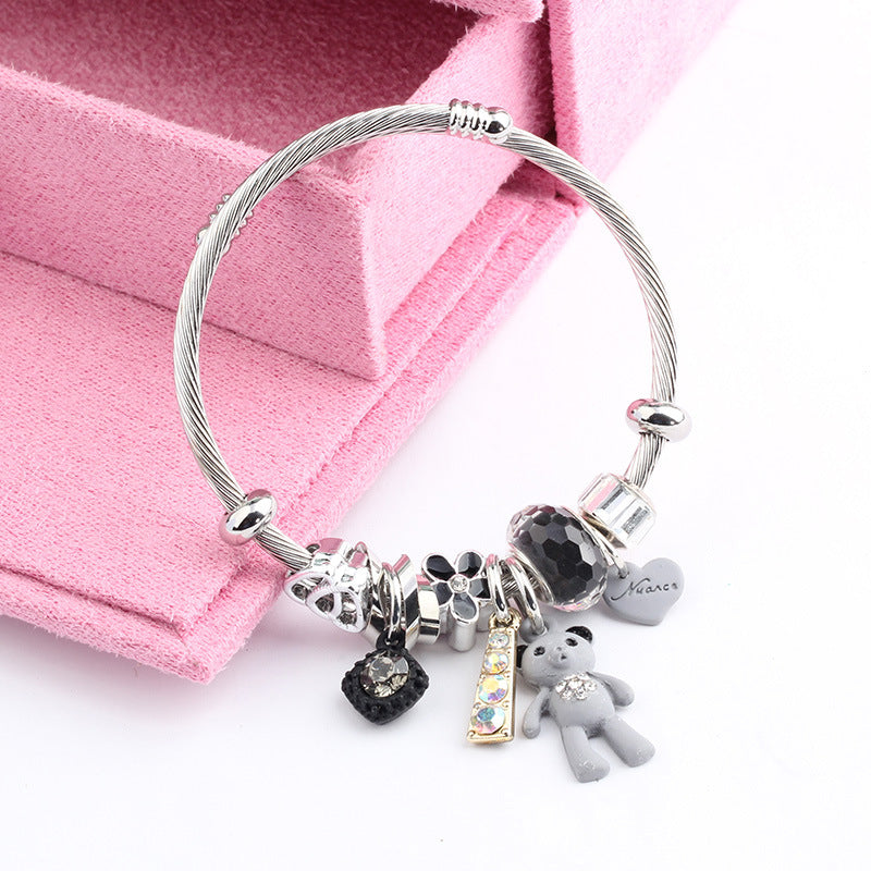 Fashion Bear Heart Flower Titanium Steel Adjustable Bangle Bracelet with Rhinestones and Charms