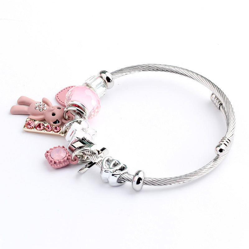 Fashion Bear Heart Flower Titanium Steel Adjustable Bangle Bracelet with Rhinestones and Charms