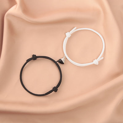 Fashion Black White Heart Magnet Rope Bracelet Pair Set Jewelry