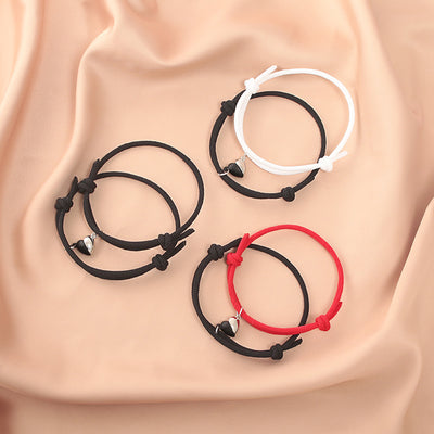 Fashion Black White Heart Magnet Rope Bracelet Pair Set Jewelry