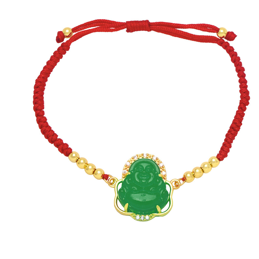 Fashion Buddha Gold Plated Zircon Beaded Copper Bracelet with Red String Design