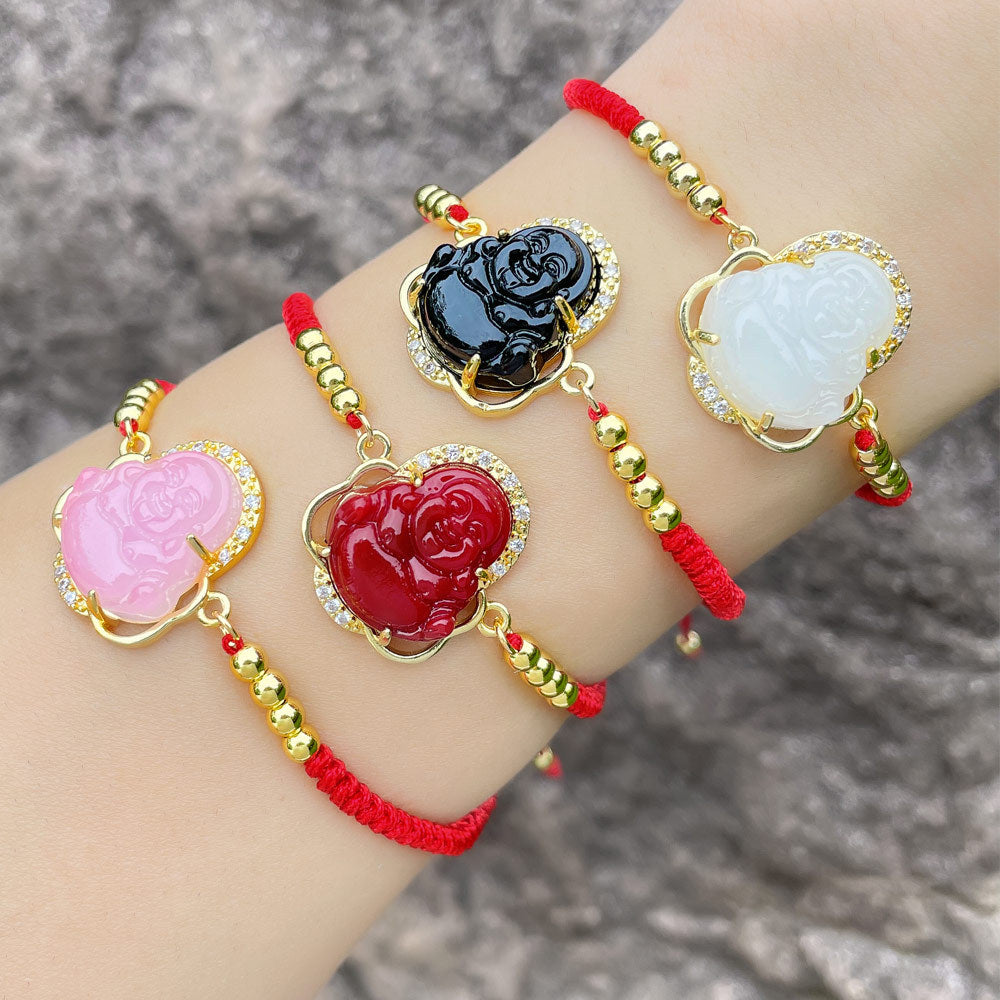 Fashion Buddha Gold Plated Zircon Beaded Copper Bracelet with Red String Design