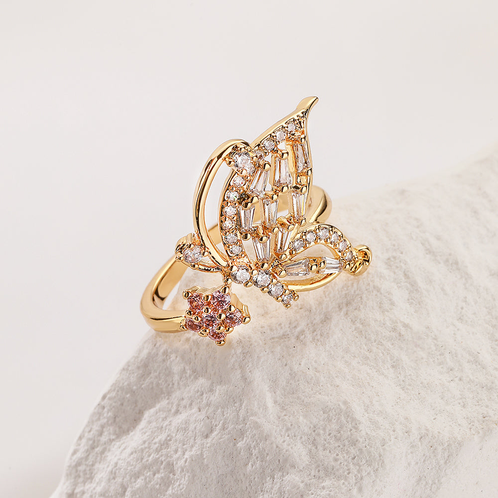 Fashion Geometric Butterfly Zircon Gold Plated Open Ring