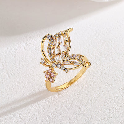 Fashion Geometric Butterfly Zircon Gold Plated Open Ring