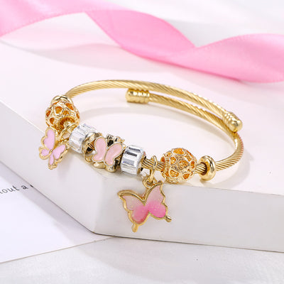 Fashion Butterfly Mosaic Sunflower Pendant Stainless Steel Bangle Bracelet Set