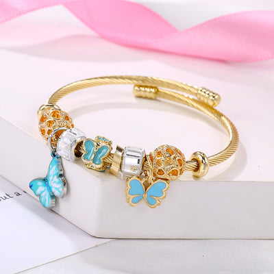 Fashion Butterfly Mosaic Sunflower Pendant Stainless Steel Bangle Bracelet Set