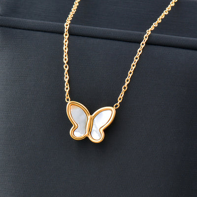 Fashion Butterfly Titanium Steel Inlay Shell Zircon Pendant Necklace 1 Piece