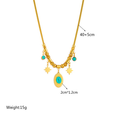 Fashion Butterfly Titanium Steel Pearl Plating Inlay Artificial Gemstones Turquoise Pendant Necklace 1 Piece