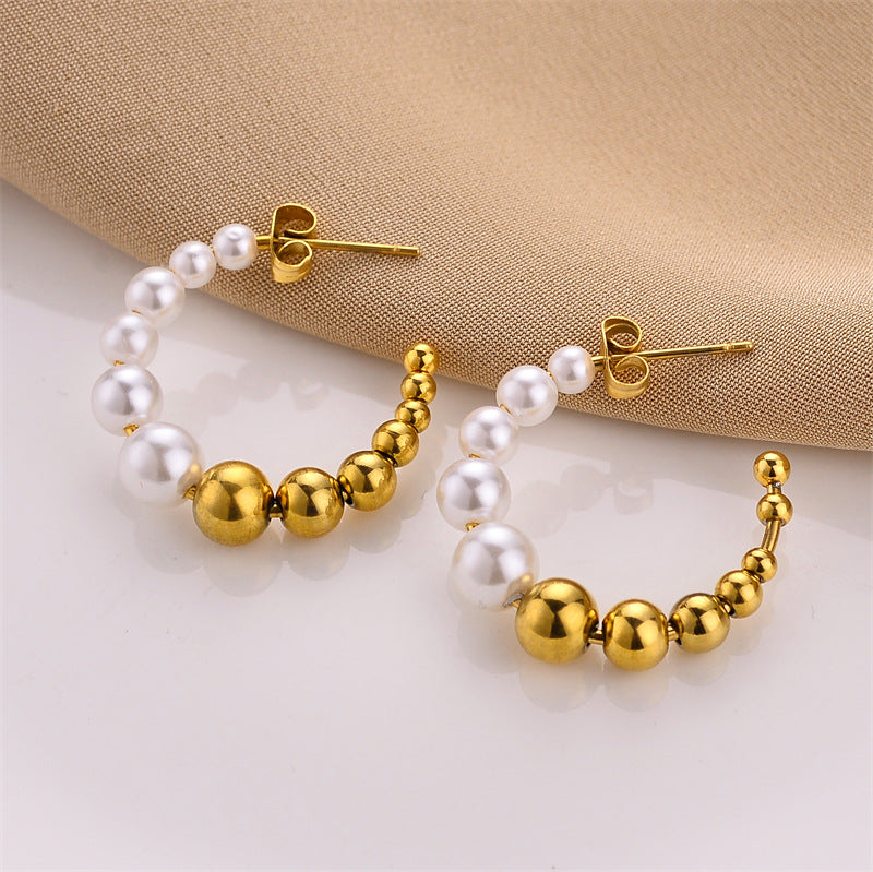 Fashion C Shape Imitation Pearl Titanium Steel Plated Minimalist Earrings