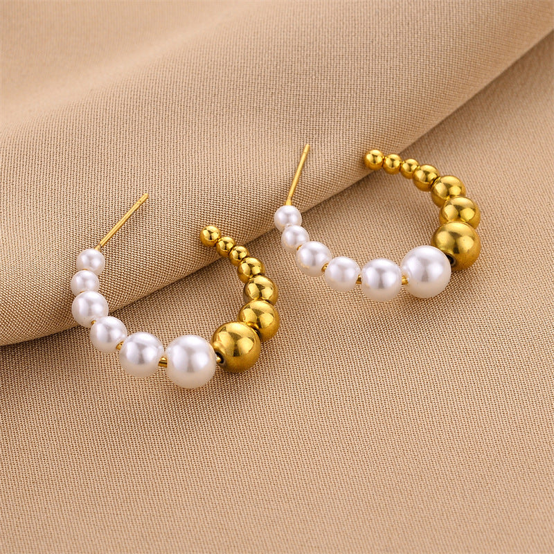 Fashion C Shape Imitation Pearl Titanium Steel Plated Minimalist Earrings