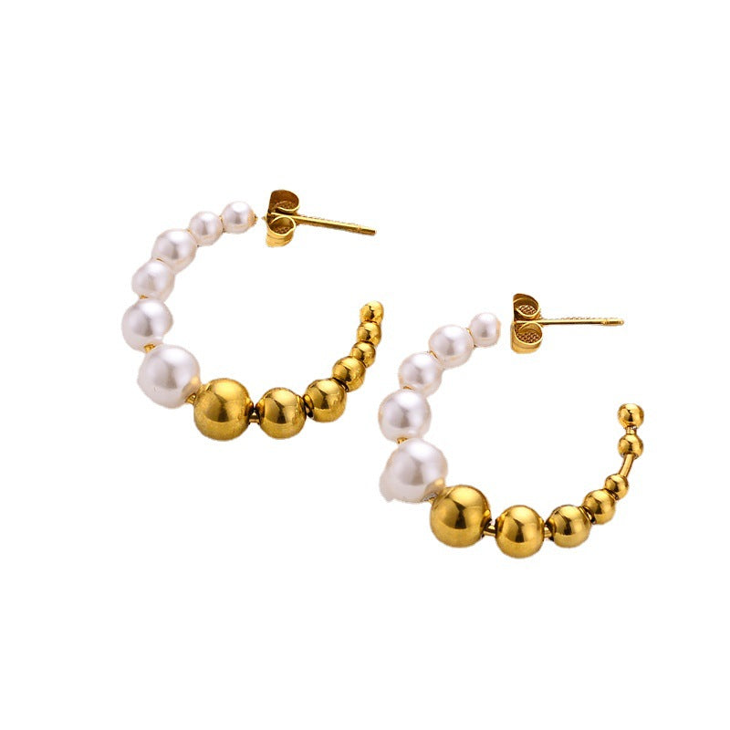 Fashion C Shape Imitation Pearl Titanium Steel Plated Minimalist Earrings