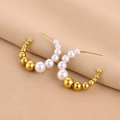 Fashion C Shape Imitation Pearl Titanium Steel Plated Minimalist Earrings