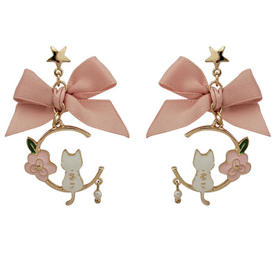 Fashion Cat Bow Knot Pink Enamel Pearl Drop Earrings with S925 Silver Needle