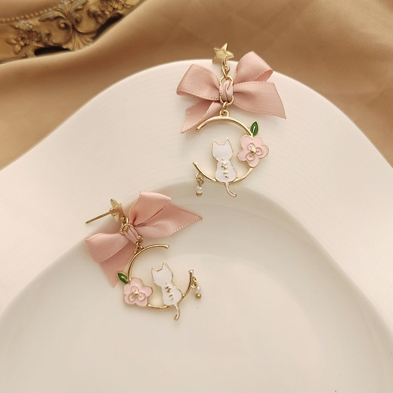 Fashion Cat Bow Knot Pink Enamel Pearl Drop Earrings with S925 Silver Needle